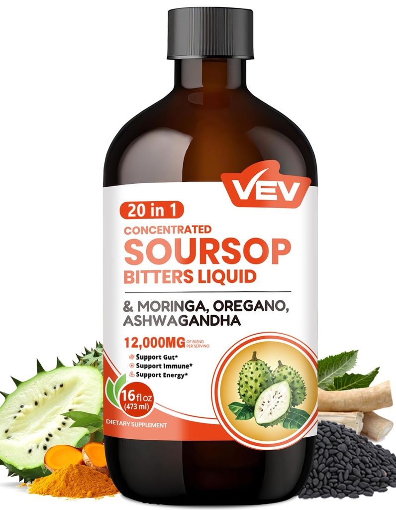 VEV Soursop Bitters Líquido, Graviola Extracto Fórmula Libre de Azúcar, 20 IN 1, con Semilla Negra, Moringa &amp; Oregano, Digestive Health &amp; Immune Función, Stress Relief, Sleep Support, Vegan -16 oz
