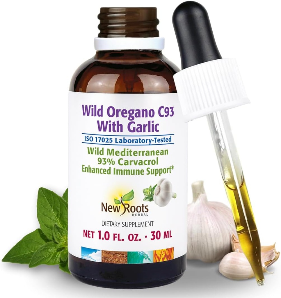 NEW ROOTS HERBAL Wild Oregano Oil Tintura con ajo (1 fl oz) Silencio 93% Carvacrol Oregano gotas de aceite, Immune mejorado Suplemento l Non GMO, Vegan, GMP Certified
