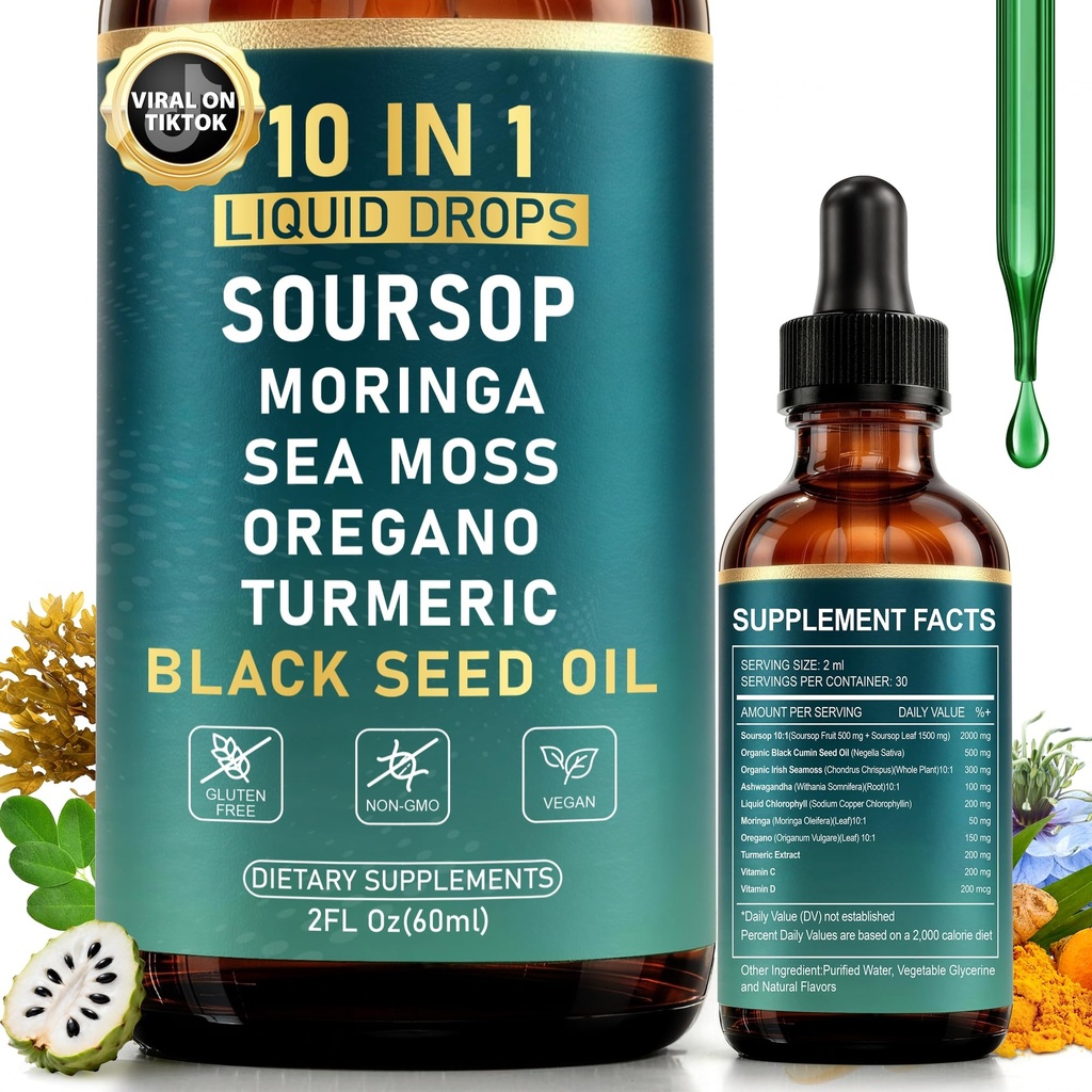10-in-1 Soursop Bitters Liquid Drops for Gut Cleanse & Immune Boost & Detox with Sea Moss, Moringa, Black Seed Oil, Turmeric, Ashwagandha, VC,VD - 2 Fl Oz - Non-GMO, Vegan