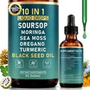 10-in-1 Soursop Bitters Liquid Drops | Daily Gut, Immune & Detox Support with Sea Moss, Moringa, Black Seed Oil, Turmeric, Ashwagandha, VC, VD | 2 Fl Oz | Non-GMO Vegan