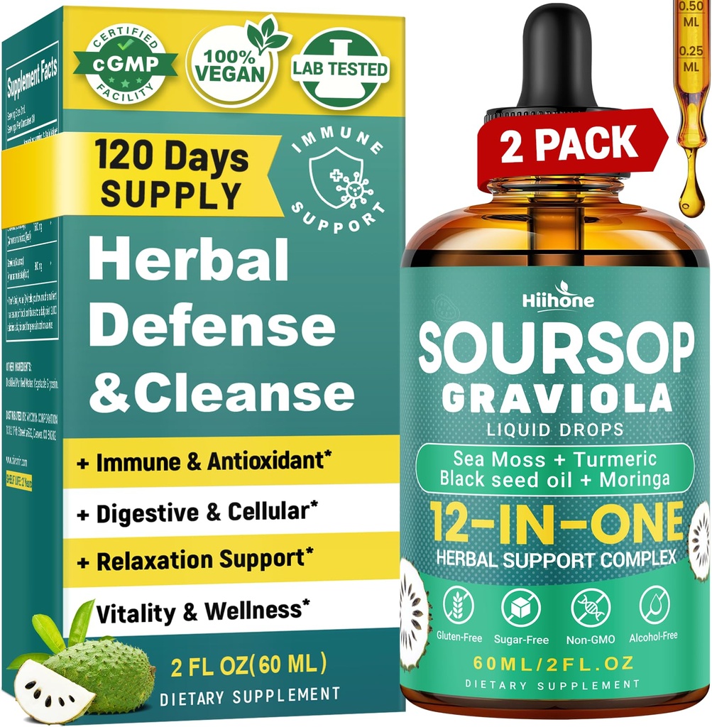 HIIHONE (2 Pack) 12-in-1 Soursop Bitters Liquid Drops with Sea Moss, Black Seed Oil, Moringa for Cell Support & Regeneration, Immunity, Liver, Gut & Antioxidant - 2 Fl Oz