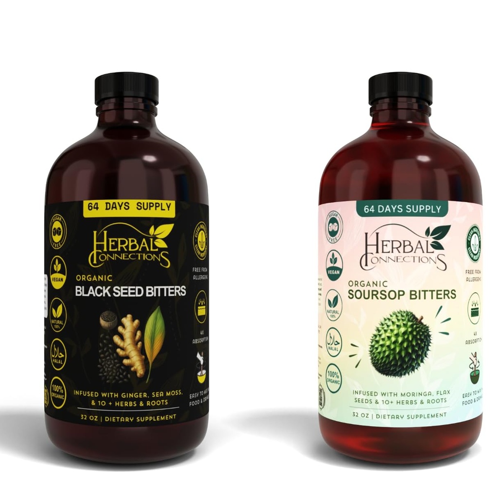 Black Seed & Soursop Bitters Bundle – 2 x 32 oz Bottles - 64-Day Supply – Vegan Organic Herbal Tonic for Digestive Health & Overall Wellness – No Sugar, Made in USA.