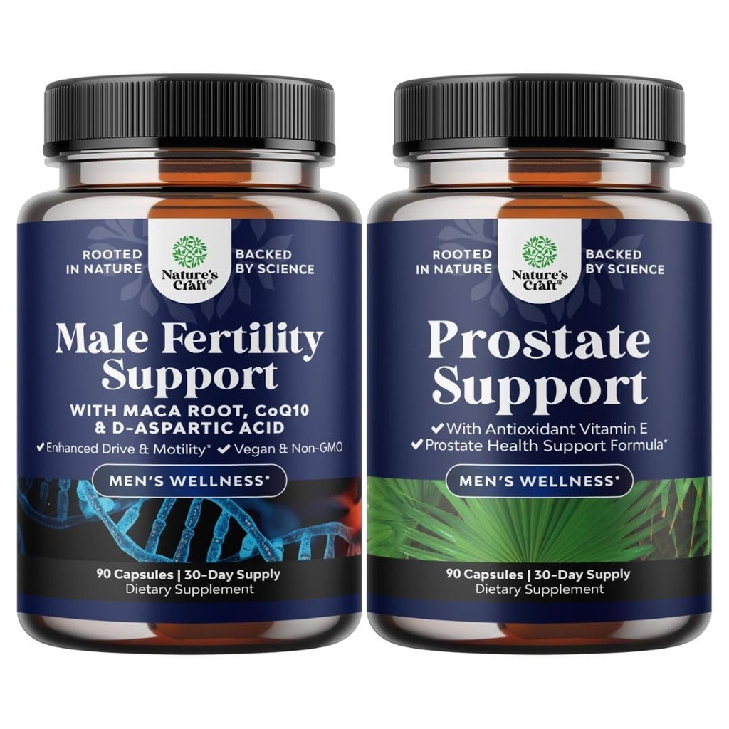 Bundle of Pre Conception Male Fertility Supplement with CoQ10, Maca Root, Methyl Folate & D-Aspartic Acid and Herbal Prostate Supplement for Men - Beta Sitosterol & Green Tea for Urinary Tract Support