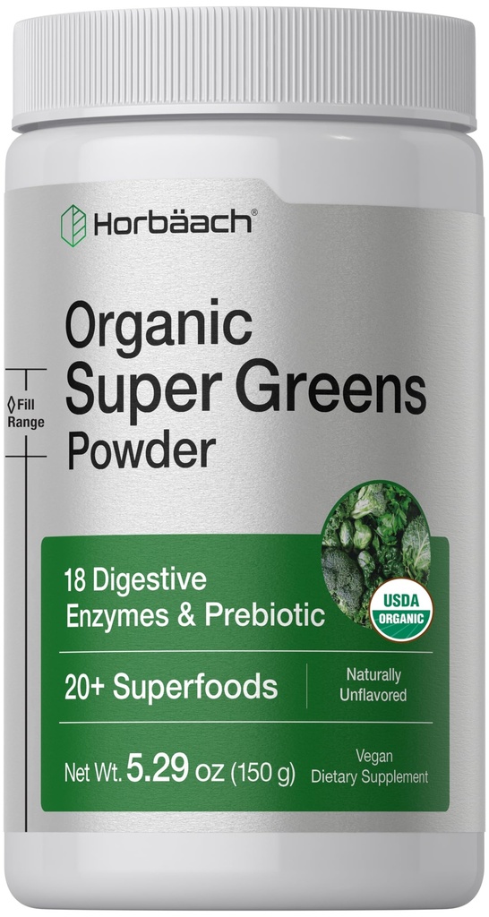 Horbäach Organic Greens Powder | 5.29 oz Supplement | with 20+ Superfoods, 18 Digestive Enzymes, and Prebiotics | Relieves Occasional Gas, Discomfort & Bloating | Vegan, and Non-GMO