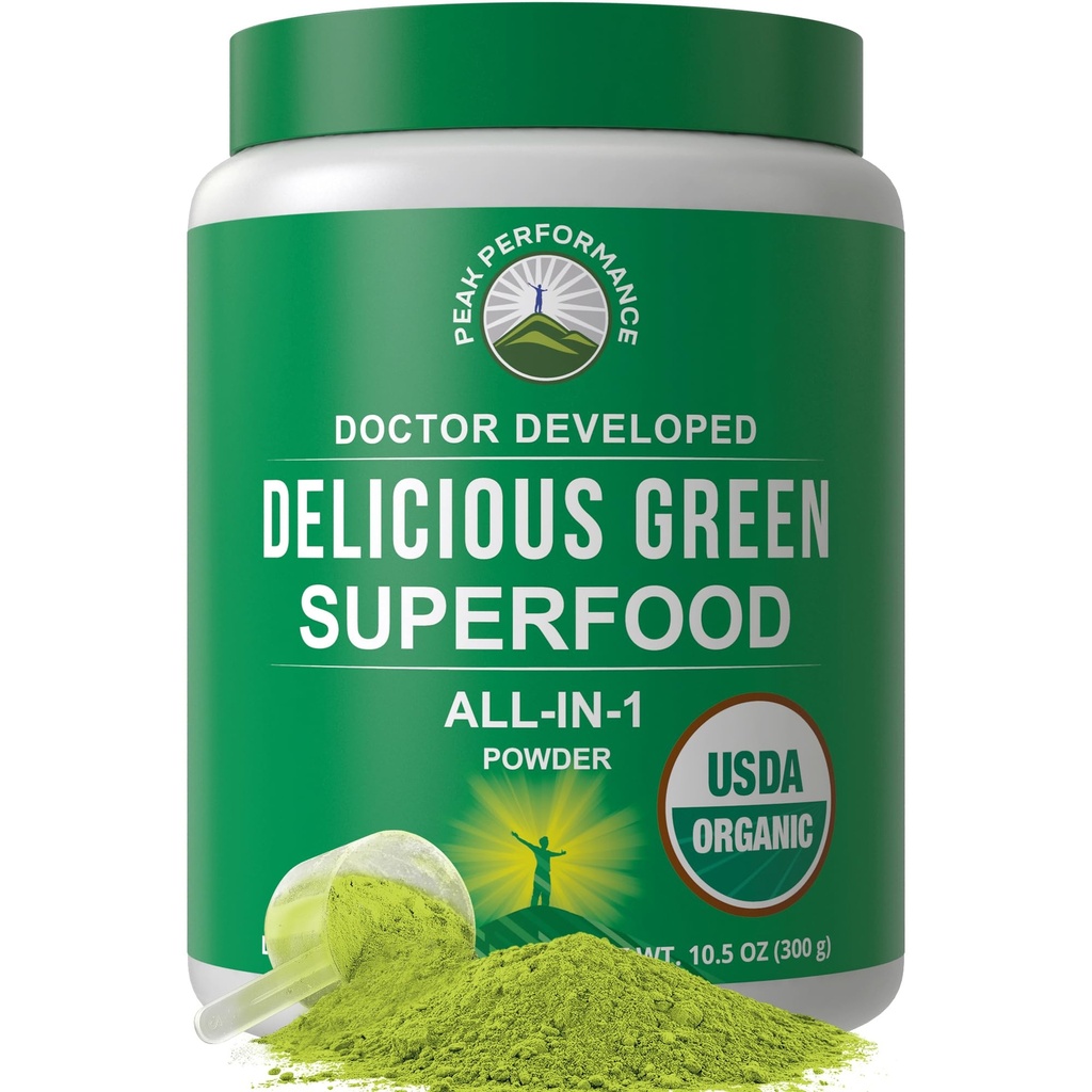 Rendimiento de pico Ecológico Verdes Polvo Superalimentario. Mejor Tasting Super Greens Powder con 25+ Ingredientes orgánicos para Max Energy y rendimiento deportivo. Vegan Keto Green Juice Daily Drink