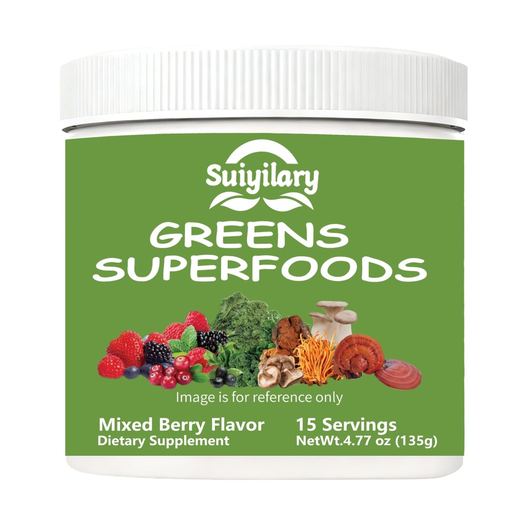 Suiyilary Greens Superfoods Powder for Digestive Health, Sugar Free Super Greens Powder, Spirulina, Clorella para Bloating & Gut Support, Daily Support for Women, Mixd Berry (15 Servings)