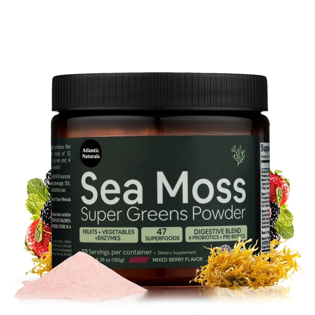 Atlantic Naturals Organic Sea Moss Super Greens Powder | Daily Greens Superfood for Energy, Digestion, Skin & Immune Support | Enriched with Fruits, Veggies & Probiotics – Mixed Berry Flavor 5000mg