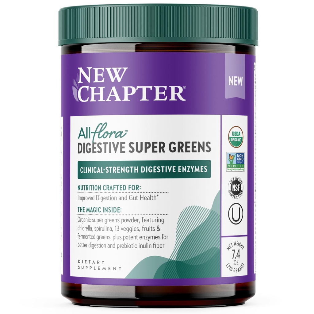 Nuevo Capítulo All-Flora Digestive Super Greens Powder for Gut Health - Clinical-Strength Digestive Enzymes + USDA Organic Chlorella, Spirulina, Fermented Greens – Delicious & 100% Vegan, 30 Servings