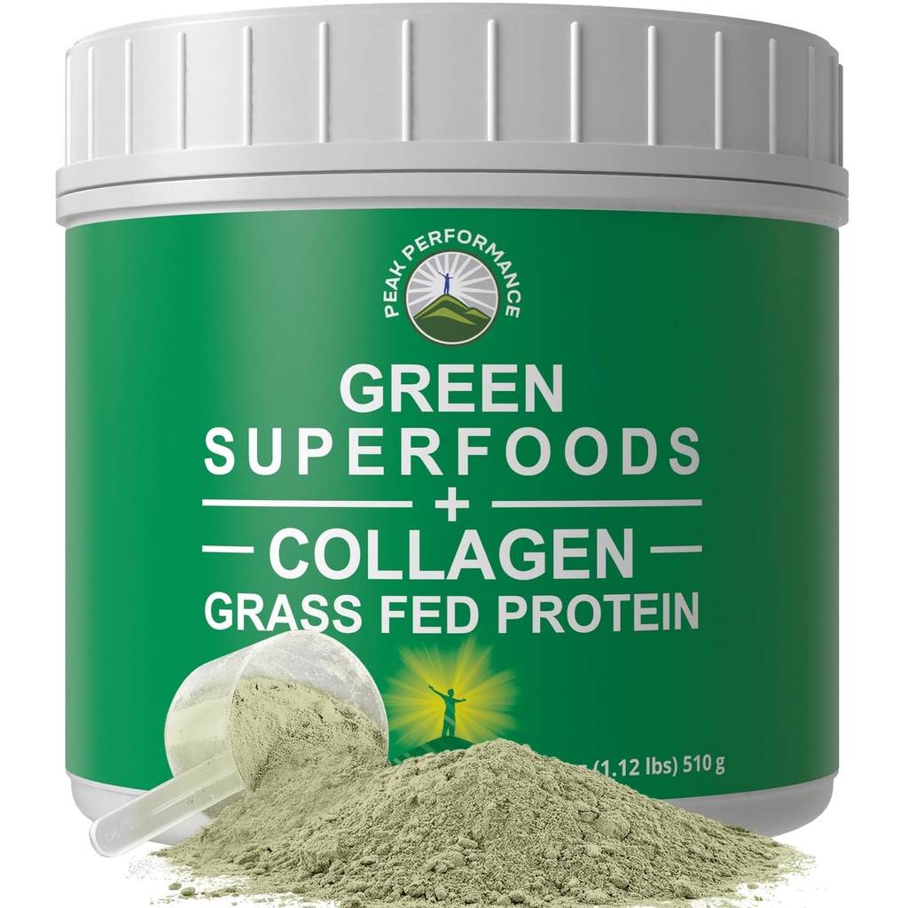 Verdes Superfood + Grass Péptidos de colágeno Fed Collagen Powder - Ultimate Blend of Best Tasting Green Superfood with Pure Pasture Raised Hydrolyzed Protein Powder for Skin Hair + Joint Health