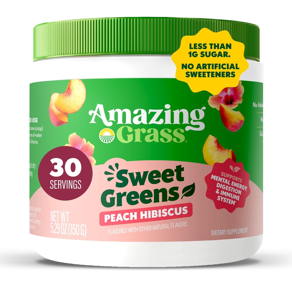 Amazing Grass Sweet Greens and Superfoods Powder for Digestive Health, Greens Powder, Digestive Enzymes, Probiotics, Spirulina, Chlorella, Peach Hibiscus, 30 Servings