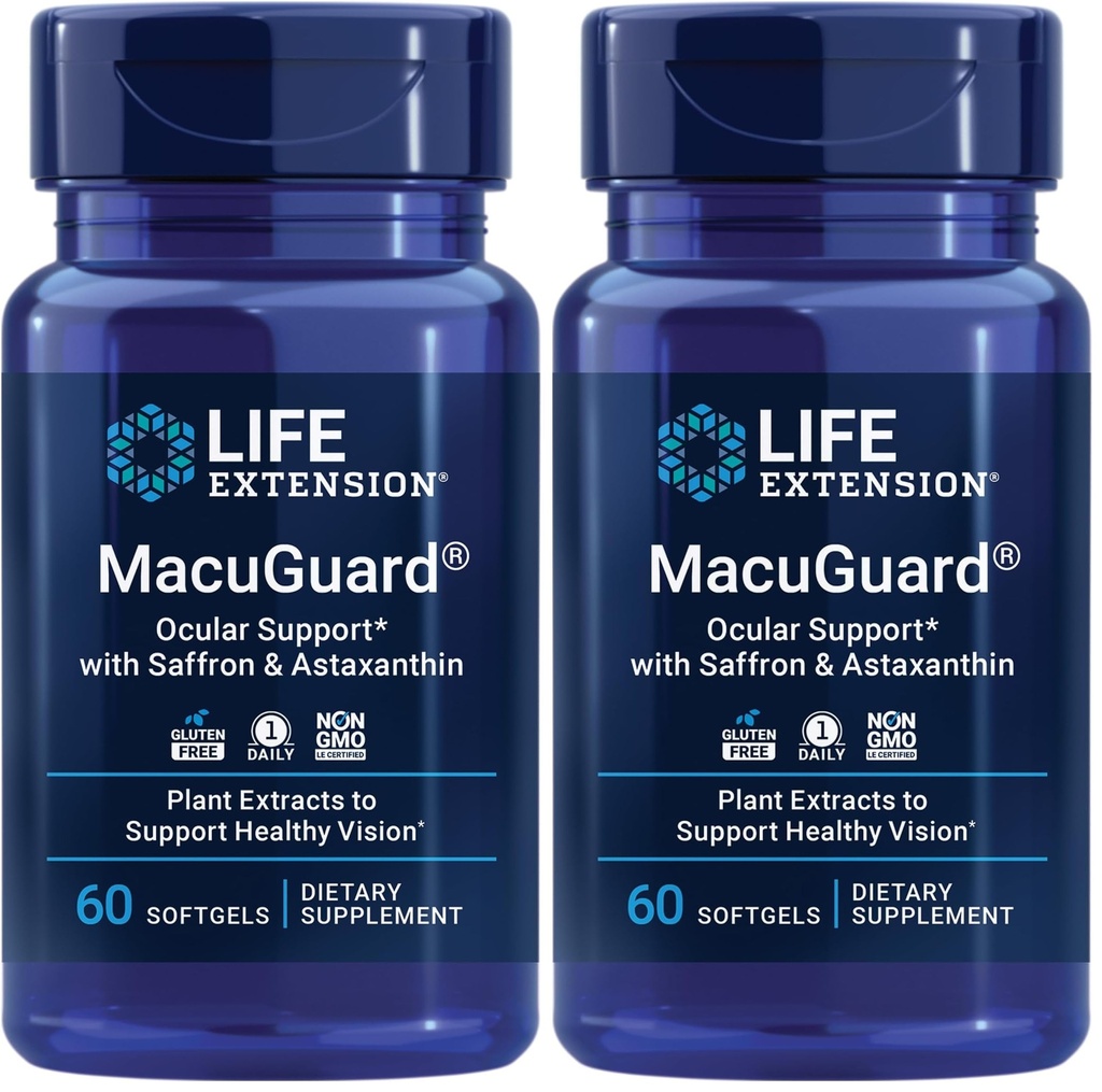 Life Extension MacuGuard Ocular Support with Saffron & Astaxanthin – Eye Health Supplement for Healthy Vision – with Lutein, zeaxanthin, Meso-zeaxanthin – Gluten-Free, Non-GMO – 60 softgels