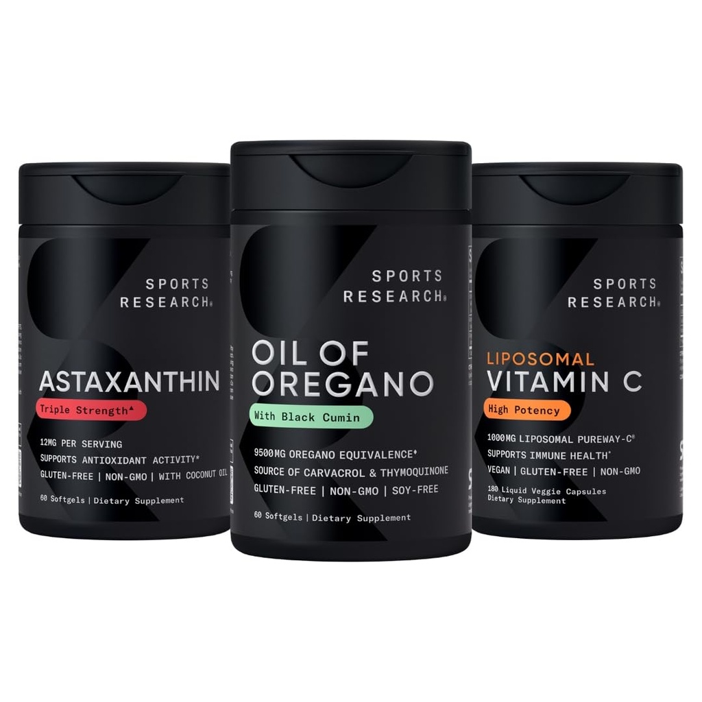 Sports Research® Antioxidant Support Pack - Oil of Oregano 9500mg + Triple Strength Astaxanthin 12mg + Liposomal Vitamin C Supplement 1000 mg