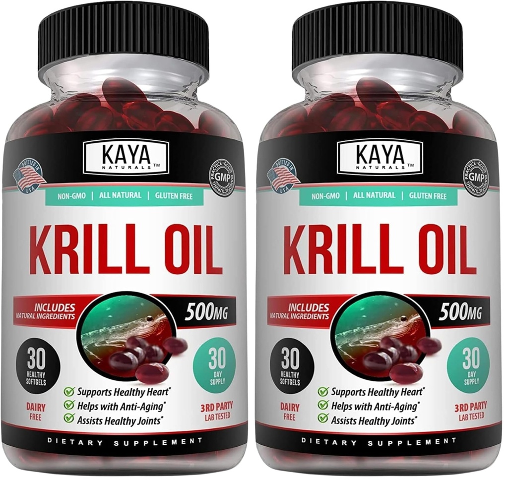 Kaya Naturals - Antarctic Krill Oil 500mg with Omega 3, EPA, DHA, Phospholipids & Astaxanthin Supplement - Brain & Health Vitamin - Anti Aging Supplement - 30 Count Softgels (Pack of 2)