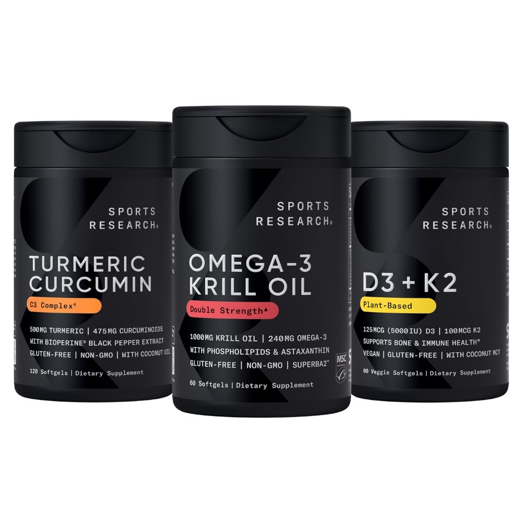 Sports Research® Antarctic Krill Oil Omega 3 1000mg (with Phospholipids, Choline & Astaxanthin), Turmeric Curcumin C3 Complex (with Bioperine Black Pepper & Coconut Oil) & Plant Based Vitamin D3 + K2