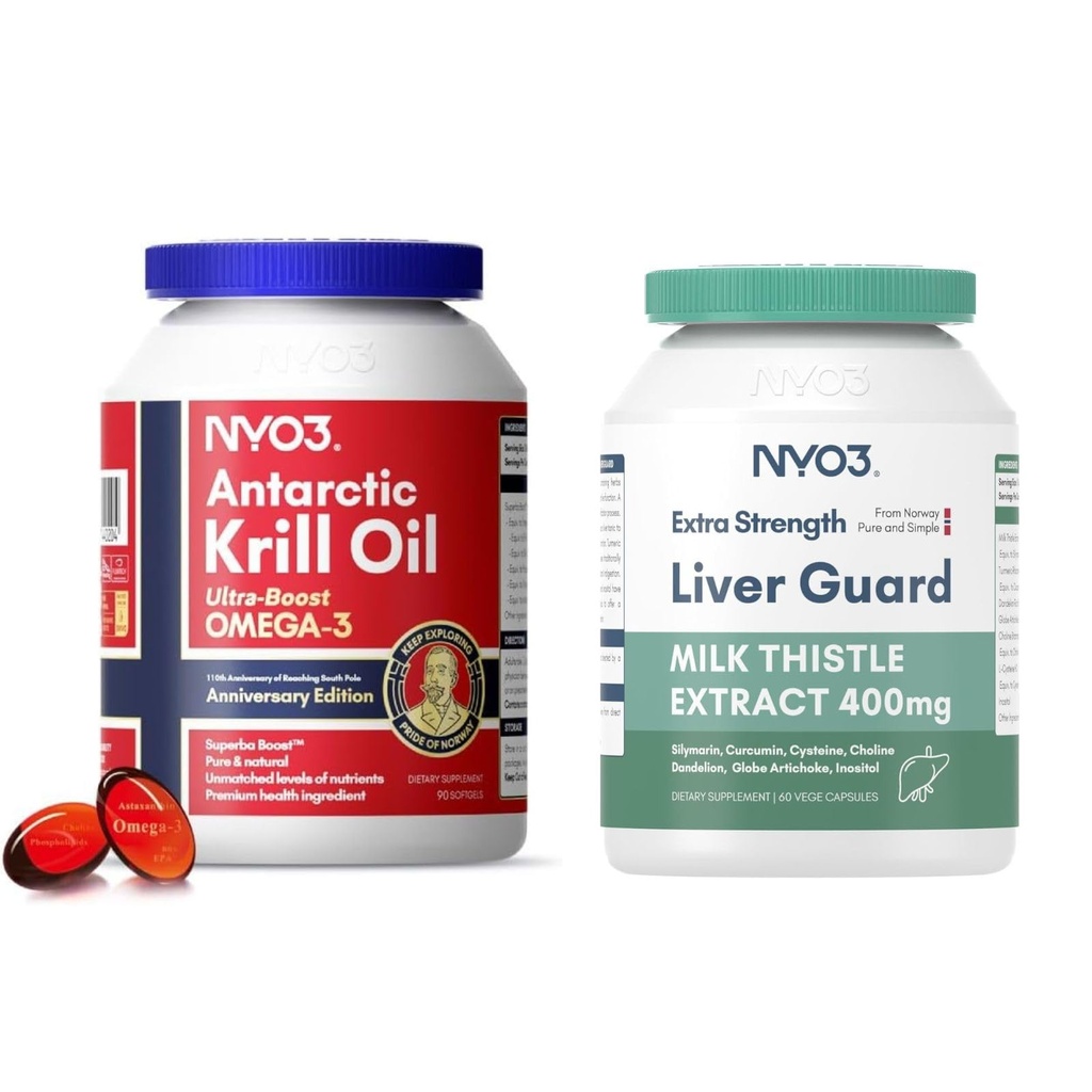 Krill Oil Omega 3 Supplement 1000mg and Milk Thistle Liver Detox Supplement 400mg, 2 Pack