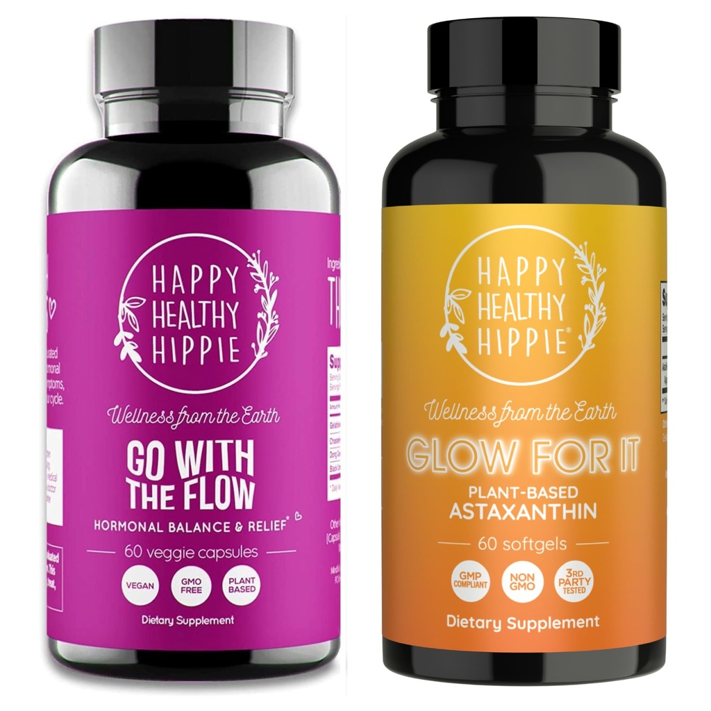 Happy Healthy Hippie Glow for It Astaxanthin Supplement & Go with The Flow Hormone Balance for Women