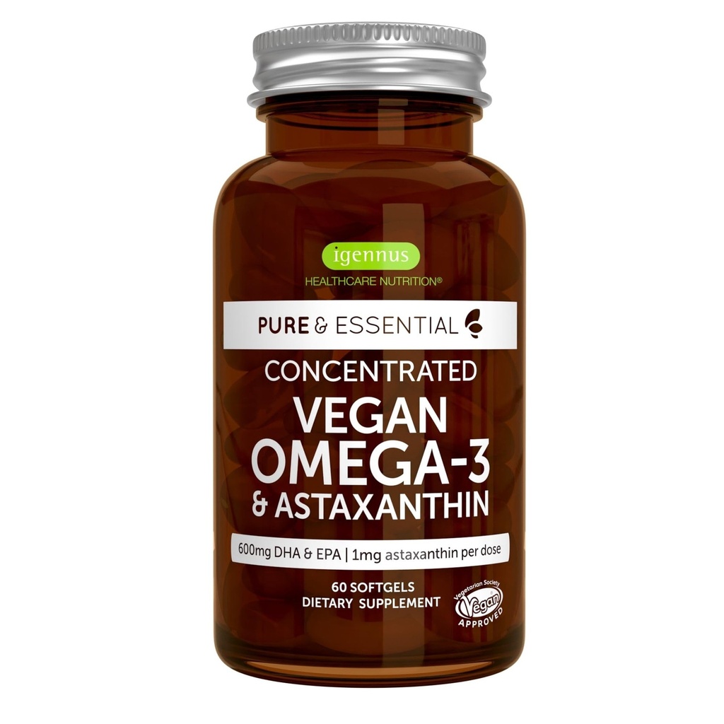 Igennus Vegan Omega-3 Natural Algae Oil, DHA & EPA, Certified Pure, Plant Based Fatty Acid Supplement, with Astaxanthin Antioxidant, 60 Small Softgels, 2 per Day, 30 Servings