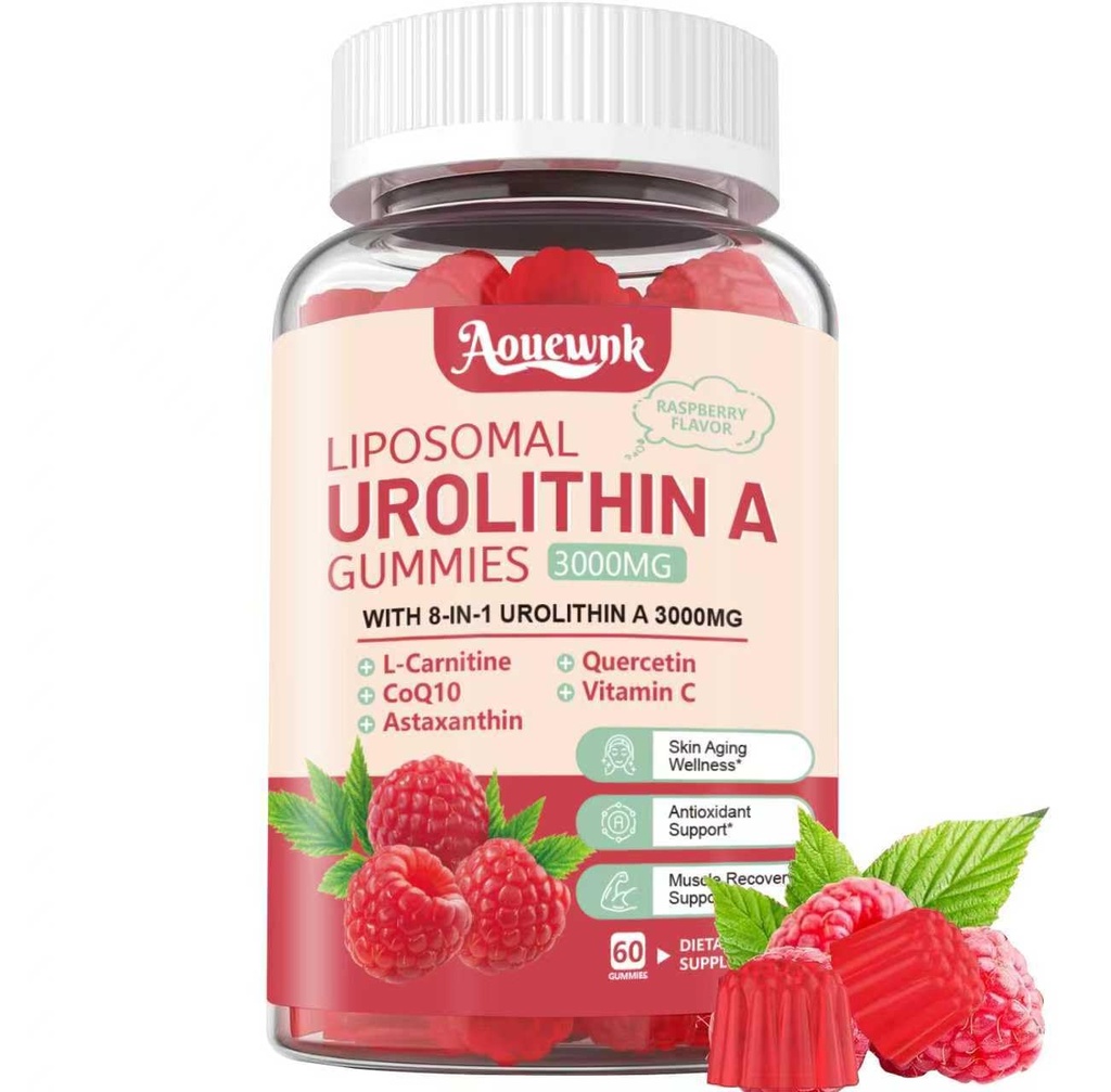 1 Pack 3000mg Liposomal Urolithin A 8-in-1 Gummies Supplment, Contains CoQ10, Resveratrol, L-Carnitine, Quercetin, Vitamin C, Astaxanthin, Mito & Cell Support, Anti-Aging, Metabolism & Energy Boost