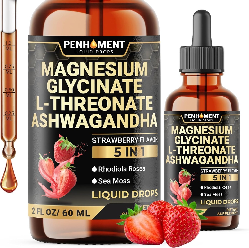 5in1 Magnesium Glycinate Liquid Drops with Ashwagadha Extract, Magnesium L-Threonate, Rhodiola Rosea, Sea Moss - Brain Support and Immune - 2 Fl Oz - Supply 30-Day - Strawberry Flavor