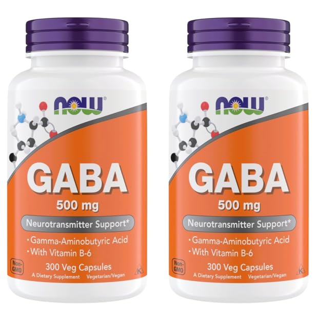 Now Supplements GABA 500 mg Capsules, Premium GABA Supplement for Stress Relief, Vegetarian, Vegan, and Kosher Friendly, Ideal for Balanced Brain Function*, 300 Capsules (Pack of 2)
