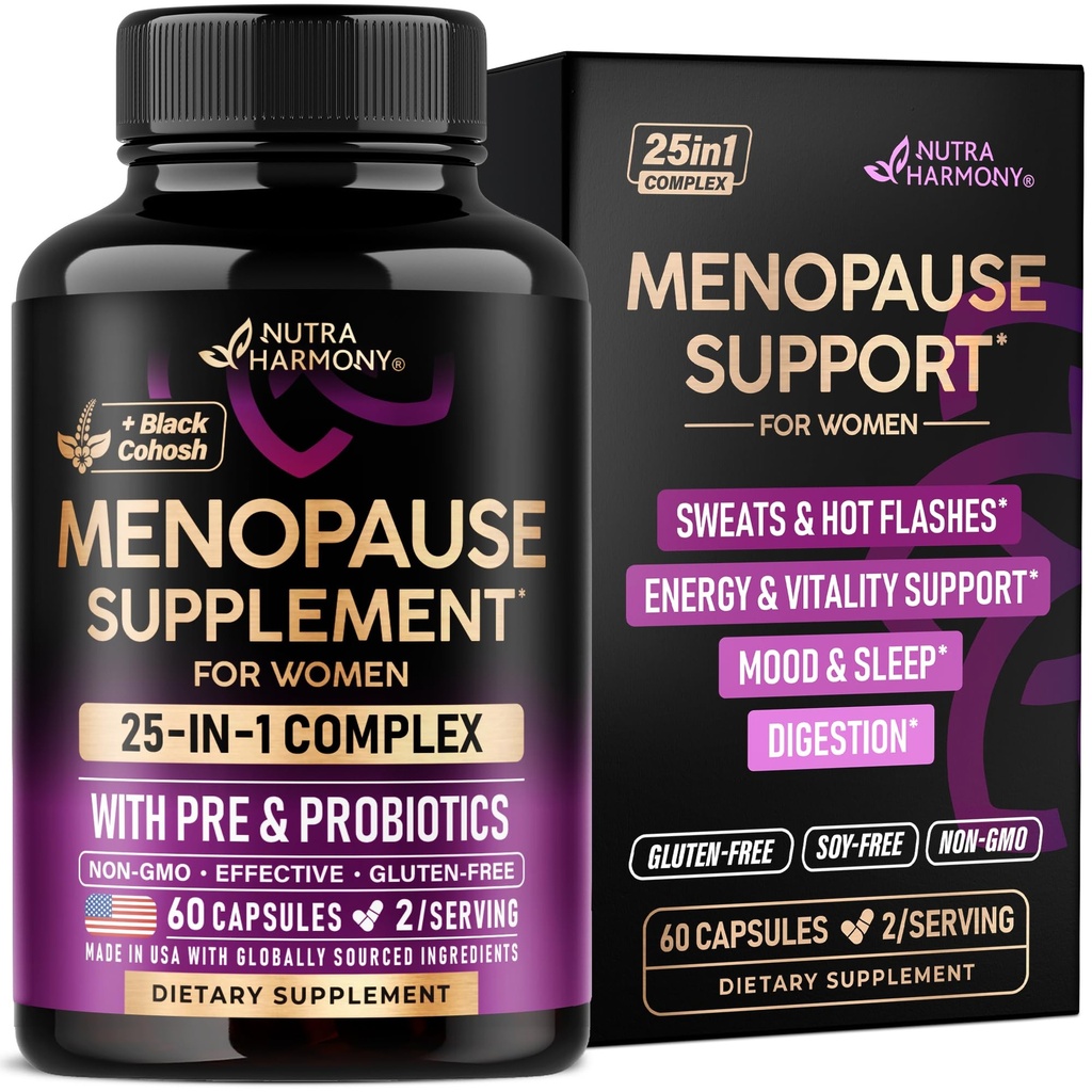 Menopause Supplements for Women - Dong Quai, Black Cohosh, Pre & Probiotics - Sweats & Hot Flashes Relief - Digestion, Sleep & Mood Support - 25-in-1 Perimenopause Complex - Made in USA - 60 Capsules