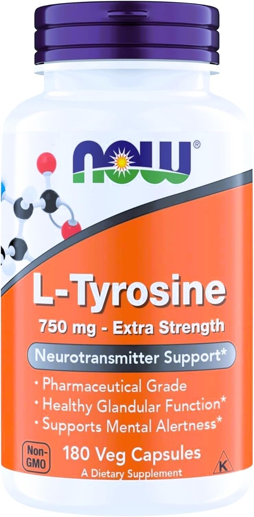NOW Foods Supplements, L-Tyrosine 750 mg, Supports Mental Alertness*, Neurotransmitter Support*, 180 Veg Capsules