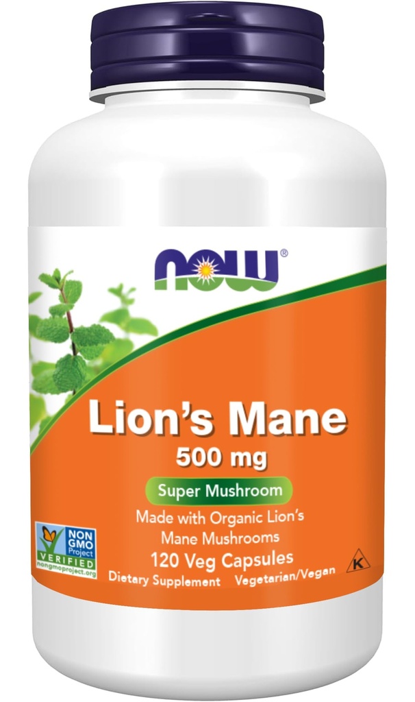 NOW Foods Supplements, Lion's Mane 500 mg, Super Mushroom, Made with Organic Lion's Mane Mushrooms, 120 Veg Capsules