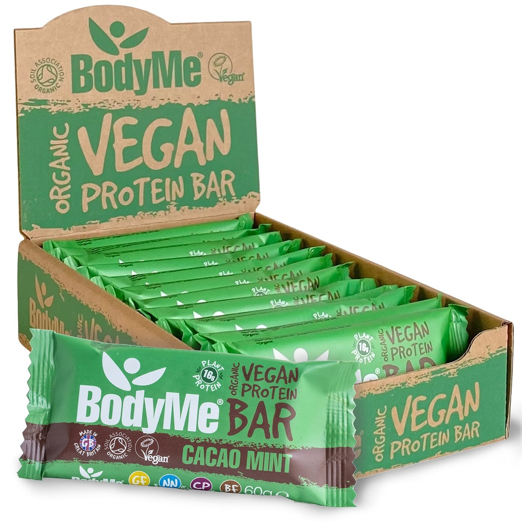 BodyMe Organic Vegan Protein Bar | Raw Cacao Mint | Box of 12 x 2.12oz (60g) | with 3 Plant Proteins