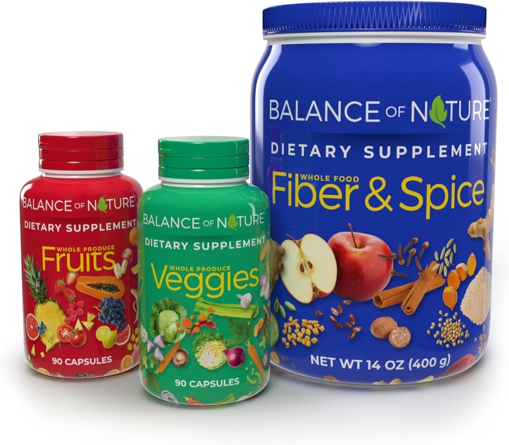 Balance of Nature Whole Health System - Whole Food Fruits & Veggies and Fiber & Spice Supplements - 30 Servings Each