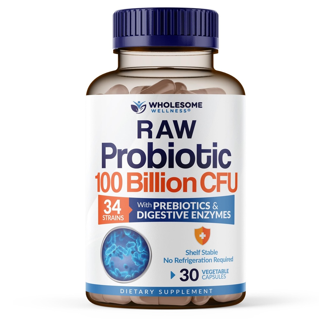 Plenario Wellness Orgánica Probióticos crudos 100 Billones CFU, Dr Formulado para Mujeres y Hombres, Suplemento Adulto Completo con Prebióticos y Enzimas Digestivos; 30 cápsulas, Estante Stable