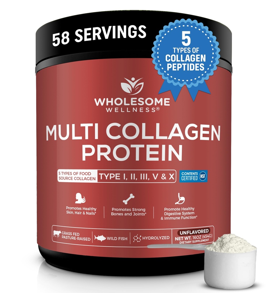 Wholesome Wellness Premium Multi Collagen Peptides Protein Powder para Mujeres y Hombres, 5 Tipos de Collagen Hidrolyzed, Grass-Fed, Non-GMO & Unflavored, Pura Proteína para la piel juvenil &amp; Recuperación Conjunta