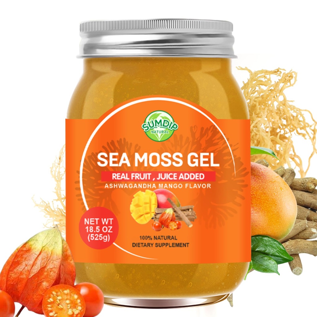Sea Moss Gel, Raw Flavored Irish Seamoss Gel Immune and Digestive Support Vitamin Mineral Supplements, Ashwagandha Mango Flavor 18.5oz