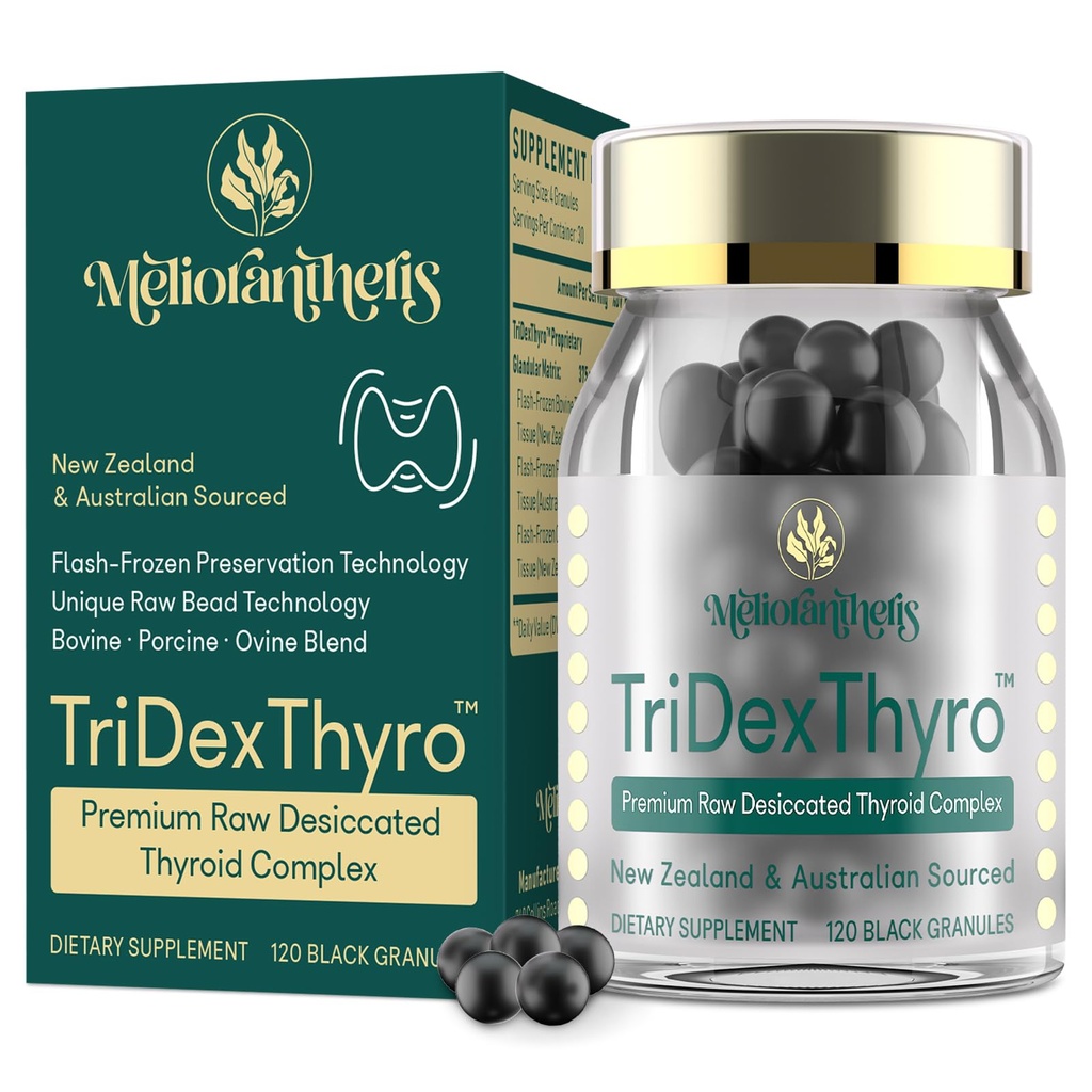 Thyroid Supplement – TriDexThyro™ Raw Desiccated Thyroid Complex 375 mg with Bovine, Porcine & Ovine –120 Capsules for Women and Men（1 Pack）
