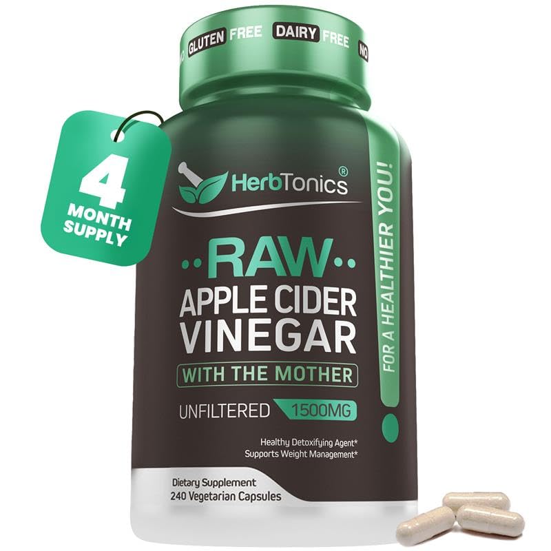 Herbtonics Raw Apple Cider Vinegar Capsules 1500mg con Mother ← Gestión de pesas, Detox " Digestion Fórmula con GLP-1 Apoyo ← ACV infilterado para soporte metabólico TEN 240 cápsulas Vegan
