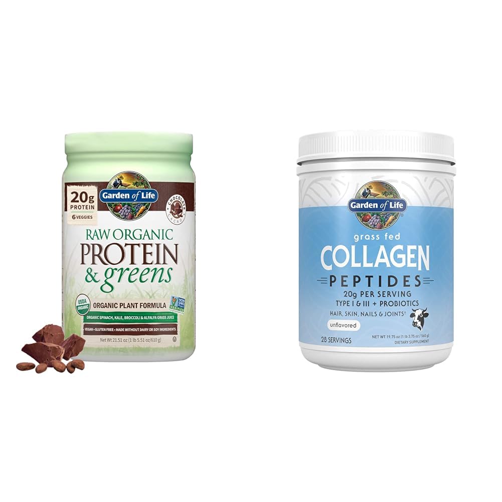 Garden of Life, Powder Protein Greens Chocolate Organic, 22 Ounce & Grass Collagen Peptides Powder – Unflavored Collagen Powder