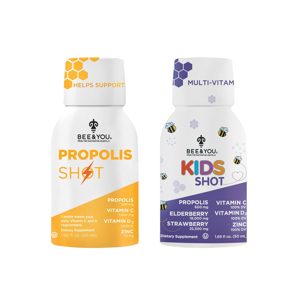 Bee and You Propolis Shot and Kids Shot Bundle, Natural Propolis Shot Supplement, Antioxidants, Vitamin C, VIT D3, Zinc, Orange Juice, Raw Honey 2 * 12 Bottles