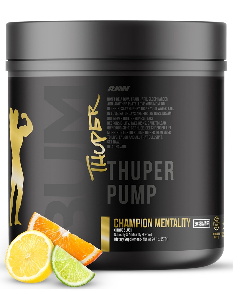 RAW Thuper Pump Stim Free Pre Workout Powder - High-Dosage Caffeine-Free Pre Workout for Max Muscle Pumps & Strength Building - Non-Stimulant Preworkout with Creatine - 20 Servings, Champion Mentality