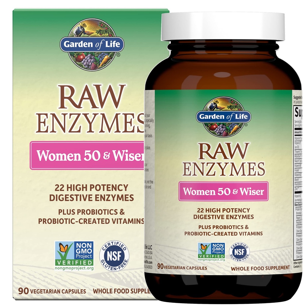 Garden of Life 22 Digestive Enzymes for Women 50 & Over with Bromelain, Papain & Lactase plus Probiotics & Vitamins B12, Biotin & Zinc – RAW Enzymes – Non-GMO, Gluten-Free, Vegetarian, 90 capsules