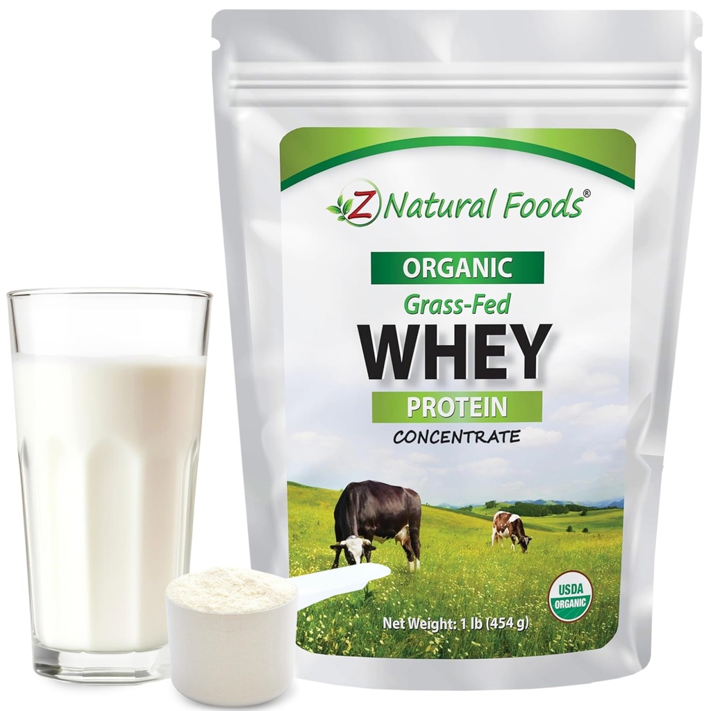 Z Natural Foods Organic Whey Protein Concentrate - Nutrient-Dense Grass Fed Whey Protein Powder - Cold Procesado Puro Whey Protein con Aminoácidos Esenciales para Nutrición &amp; Fitness, Sin sabor, 1 lb