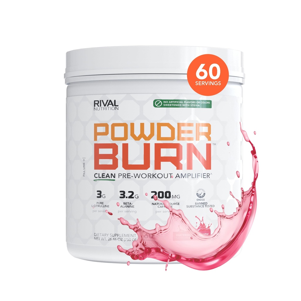 RIVAL NUTRITION Powder Burn Pre-Workout Energy Powder for Men and Women I Watermelon Candy, 60 Servings ← Clean Ingredients I 3g L-Citrulline, 3.2g Beta-Alanine y 200mg Natural Caffeine Per Serving
