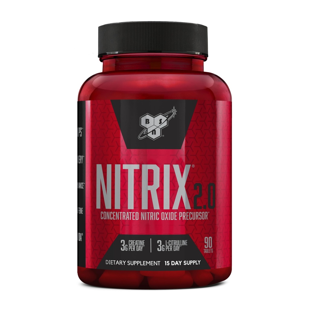 BSN NITRIX 2.0, Workout Supplement, Nitric Oxide Precursors, 3g Creatine, 3g L Citrulline, L-Citrulline, Supports Workout Performance, Pumps, Muscle Recovery and Endurance, 90 Tablets, 30 Servings