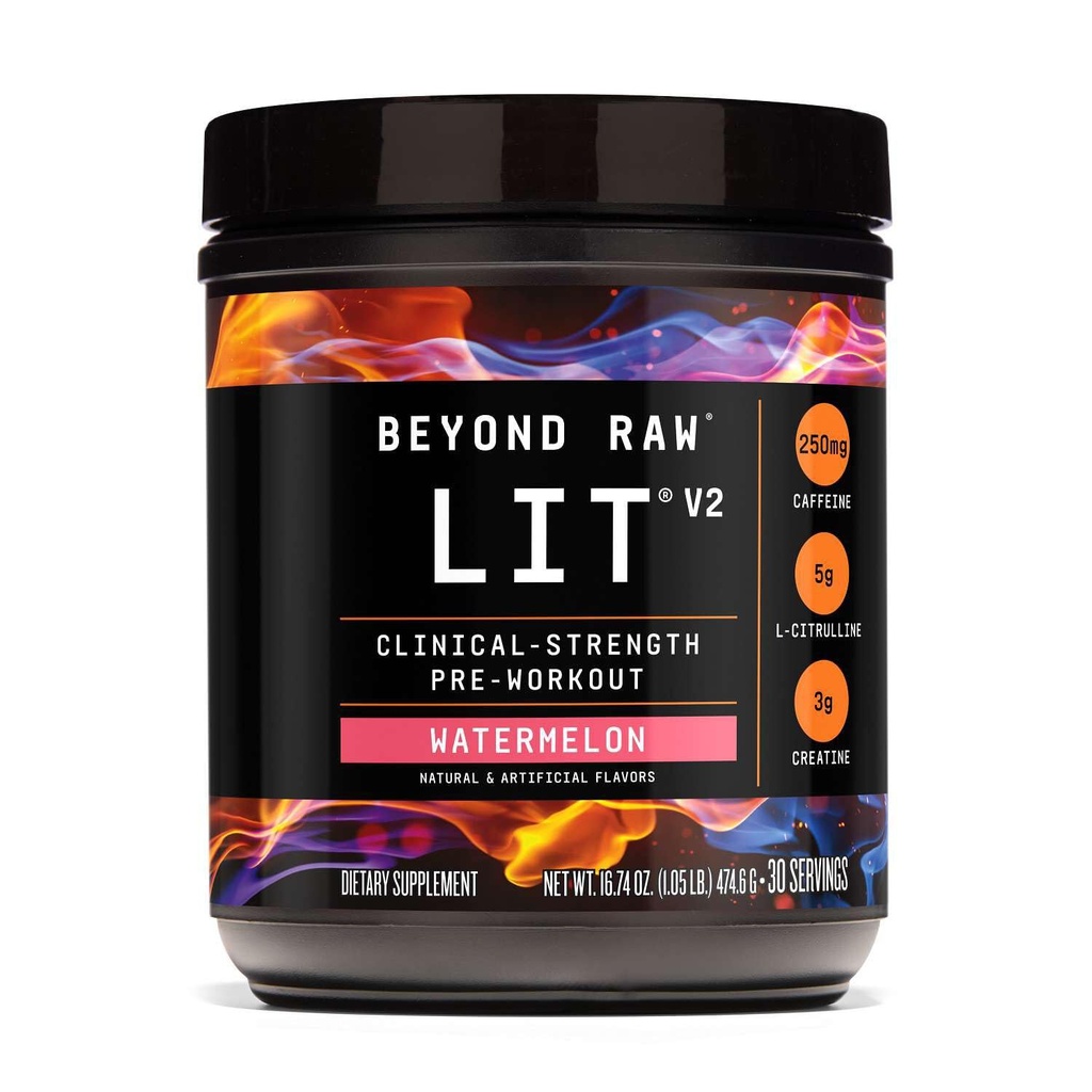 BEYOND RAW LIT V2 Clinical Strength Pre Workout Powder, Hits Harder, Bigger Pumps, Caffeine, L-Citrulline, Creatine, Watermelon, 30 Servings