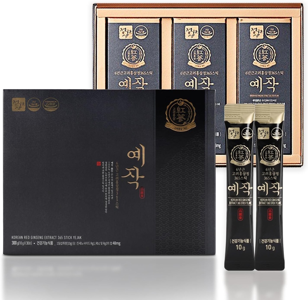 Premium Yejak 6-Year Korean Red Ginseng Extract | 30 Sticks | Vegan | 48mg Ginsenosides per Stick | Energy, Focus, Fatigue, Immune Support | Daily Vitality Supplement for Men & Women