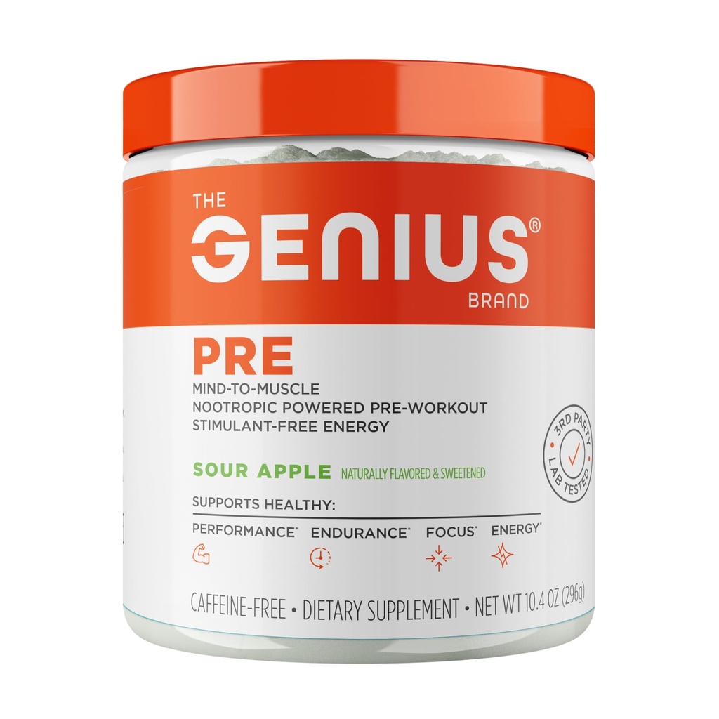 Genius Pre Workout Powder, Sour Apple - All-Natural Nootropic Pre-Workout &amp; Caffeine-Free Nitric Oxide Booster Suplemento con Beta Alanine &amp; Alpha GPC - No Artificial Flavors, Sweeteners, o Dyes