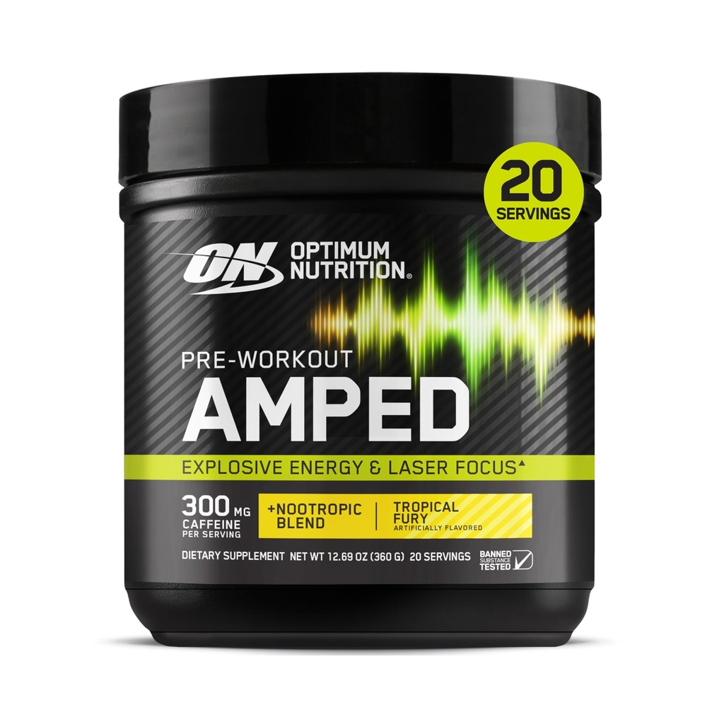 Optimum Nutrition Amped Pre-Workout, with Citrulline, Beta-Alanine, Nootropics and 300mg of Caffeine for Energy, Tropical Fury, 20 Servings (Packaging May Vary)