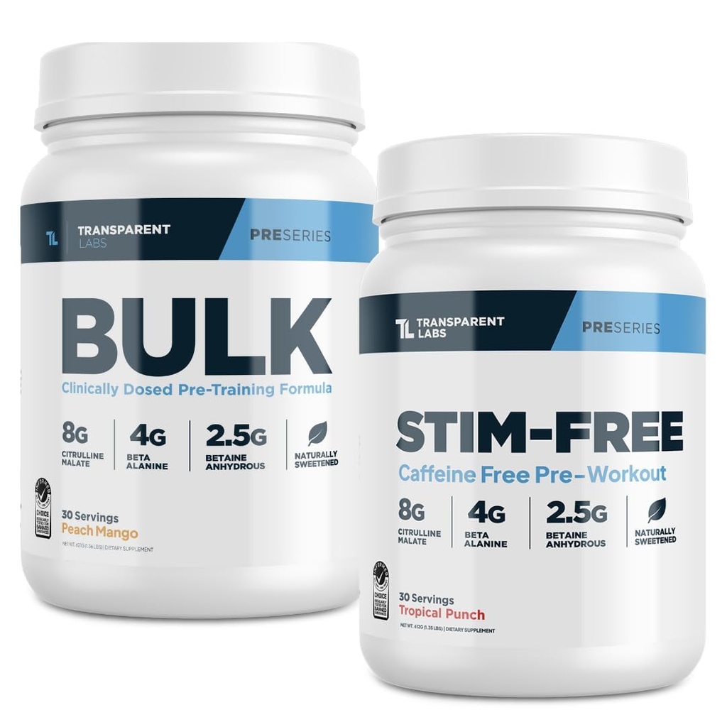 Laboratorios transparentes Pre-Workout (30 Servimientos, Peach Mango) &amp; Stim-Free Pre-Workout (30 Serviciones, Punch tropical)