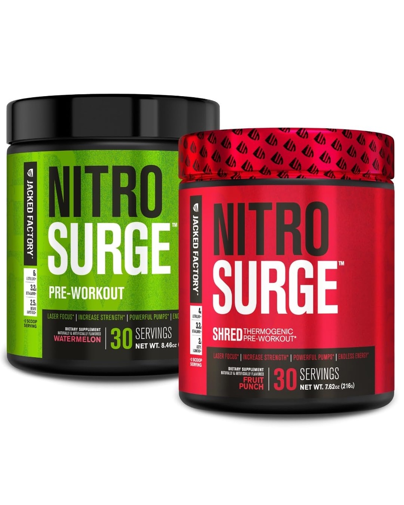 Jacked Factory Nitrosurge Pre-Workout in Watermelon & Fruit Punch Nitrosurge Shred Thermogenic Pre-Workout for Men & Women