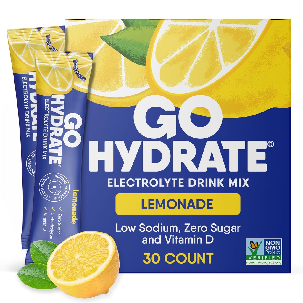 GoHydrate Low Sodium Electrolytes Powder Packets Sugar Free - Instant Hydration Daily Drink Mix - Zero Sugar Water Flavor Packet Singles with Vitamin D - (Lemonade, 30 Packs)