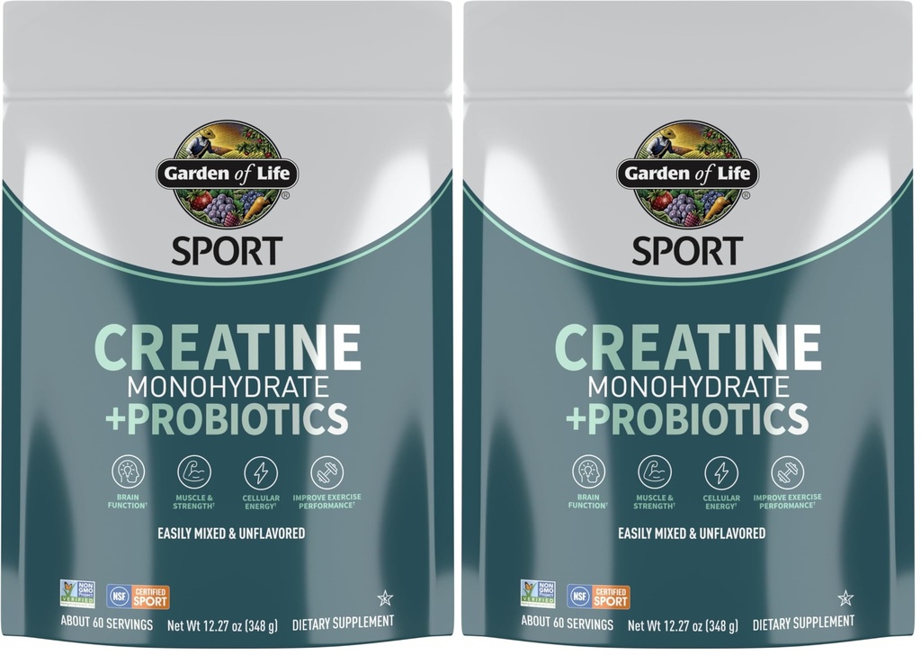 Garden of Life Creatine Monohydrate Powder for Women &amp; Men, Micronized Pre Workout with Probiotics for Muscle, Strength, Sport Amino Energy, About 60 Easy to Mix Unflavored Servings, (Pack of 2)