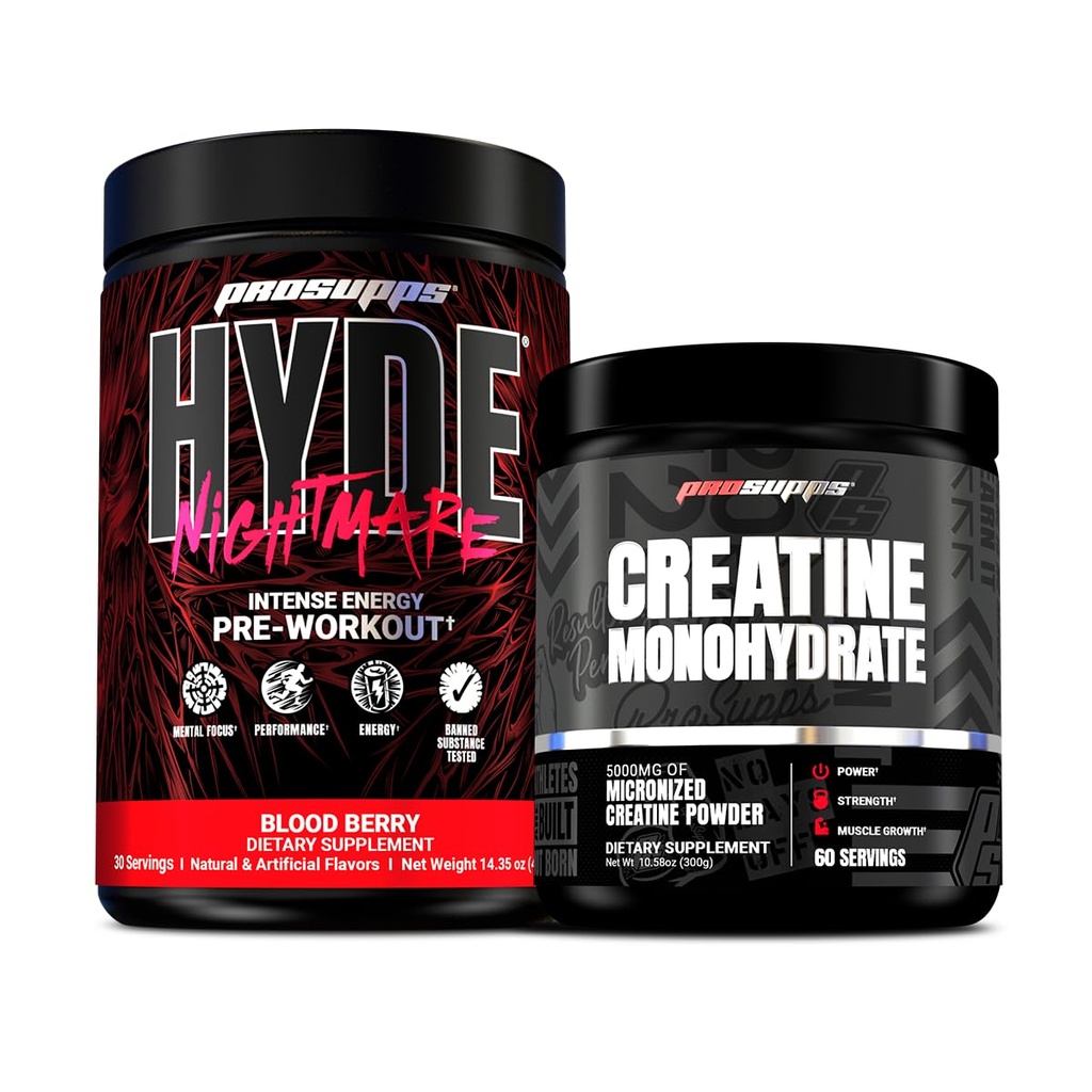 PROSUPPS Hyde Nightmare Intense Energy Pre-Workout, Blood Berry, and Creatine 300 Bundle